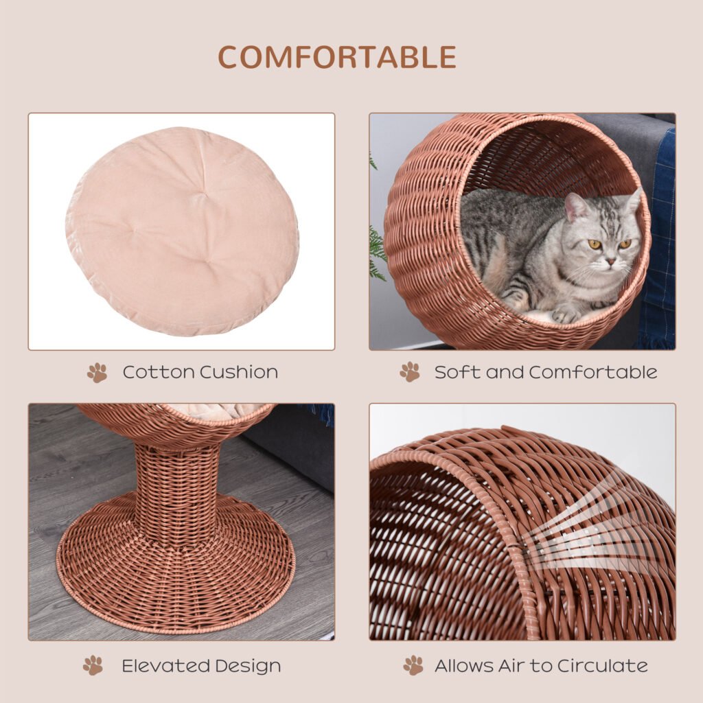 Elevated Cat Bed with Rotatable Egg Chair Pod, Cat Basket Bed with Thick Cushion, Natural Mat Grass Woven Kitty House, Brown - 5