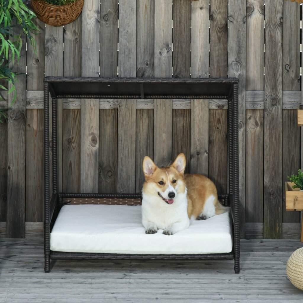 Wicker Dog House Raised Rattan Puppy Bed Cat Shelter for Indoor Outdoor Garden Patio Pet Sofa with Removable Cushion for Medium Sized Pet Brown - 8