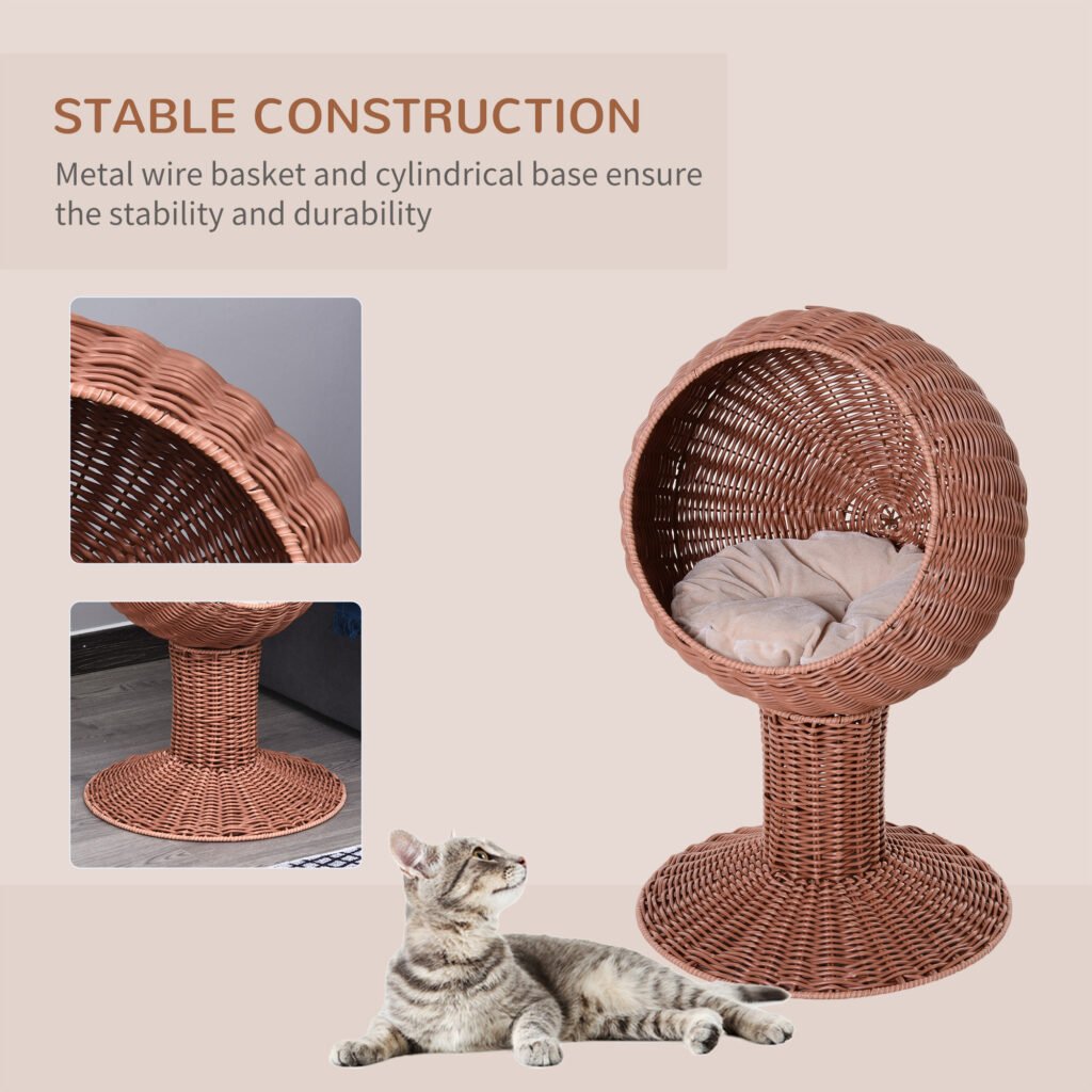 Elevated Cat Bed with Rotatable Egg Chair Pod, Cat Basket Bed with Thick Cushion, Natural Mat Grass Woven Kitty House, Brown - 3