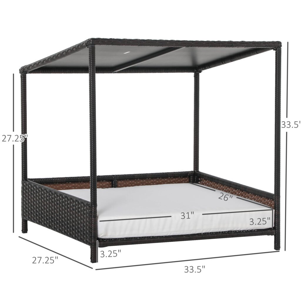 Wicker Dog House Raised Rattan Puppy Bed Cat Shelter for Indoor Outdoor Garden Patio Pet Sofa with Removable Cushion for Medium Sized Pet Brown - 2