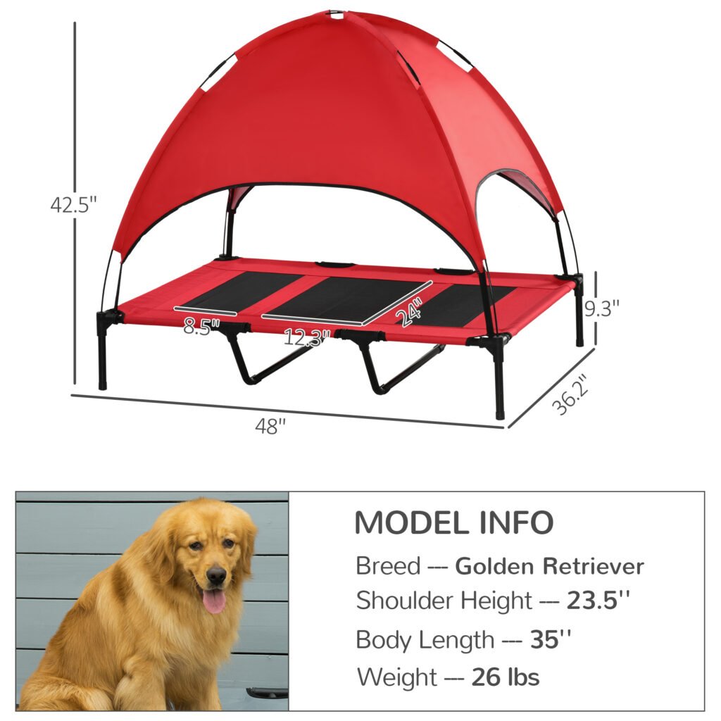 48″ x 36″ Elevated Portable Dog Cot Cooling Pet Bed with UV Protection Canopy Shade, Red - 2