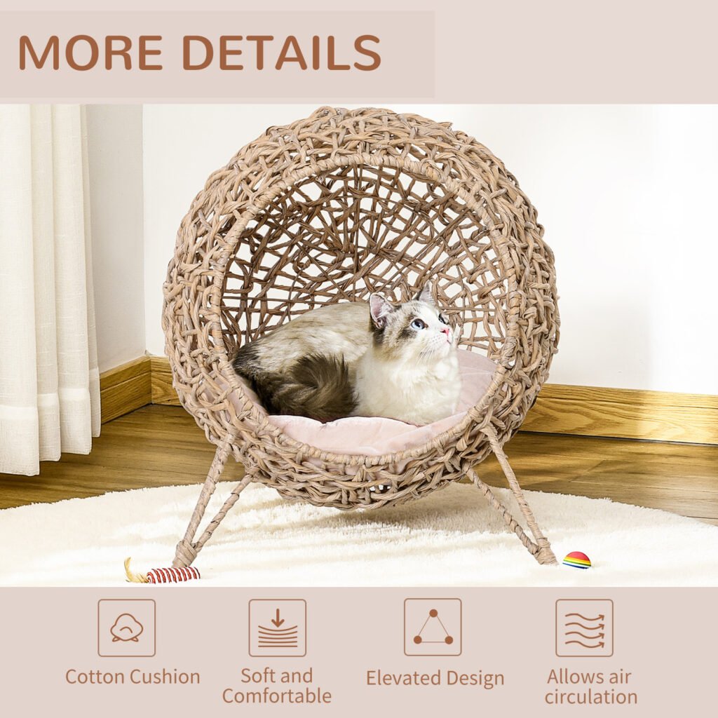 20.5″ Weaved Cat Bed, Elevated Hand-woven Braided Banana Leaf Kitten House Condo with Cushion, Beige - 2