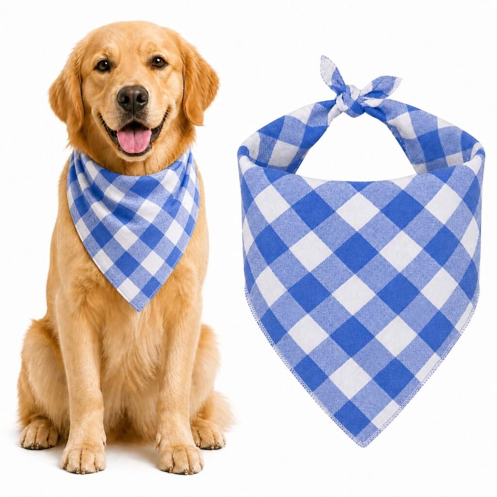 Blue & White Plaid Dog Bandana 1 Pack, Soft Cotton Blend Square Pet Scarf For Medium Dogs, Lightweight Breathable Kerchief, Fits Neck Up To 18 Inches - 4