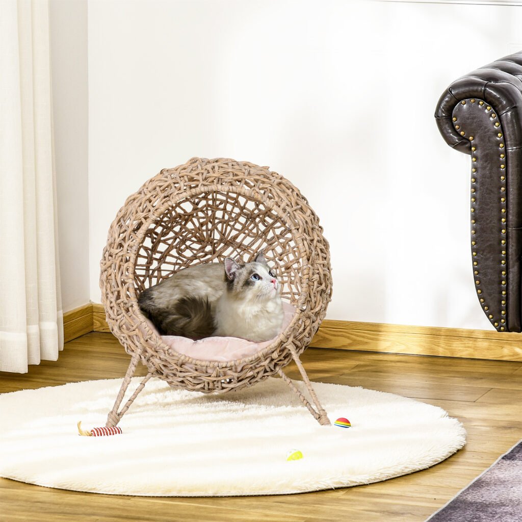 20.5″ Weaved Cat Bed, Elevated Hand-woven Braided Banana Leaf Kitten House Condo with Cushion, Beige - 5