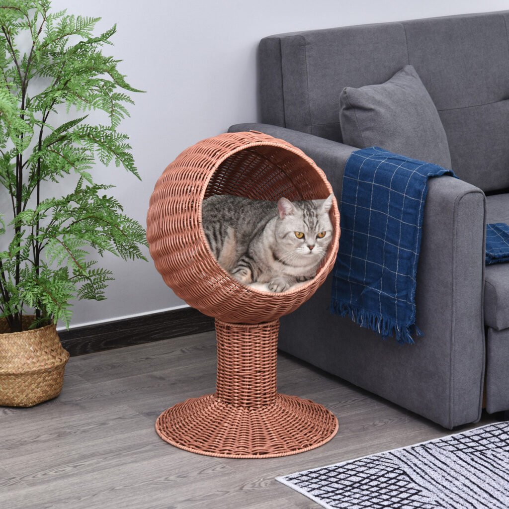 Elevated Cat Bed with Rotatable Egg Chair Pod, Cat Basket Bed with Thick Cushion, Natural Mat Grass Woven Kitty House, Brown - 2