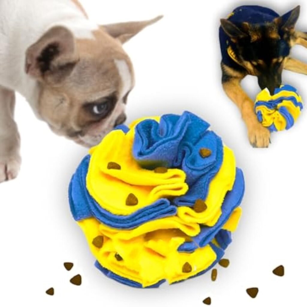 Interactive Toy Foraging Dog Puzzle Ball – Dog Enrichment Toys Vibrant Yellow And Blue Optimal Visual Stimulation Toys For Blind Dogs Snuffle Ball For Dogs