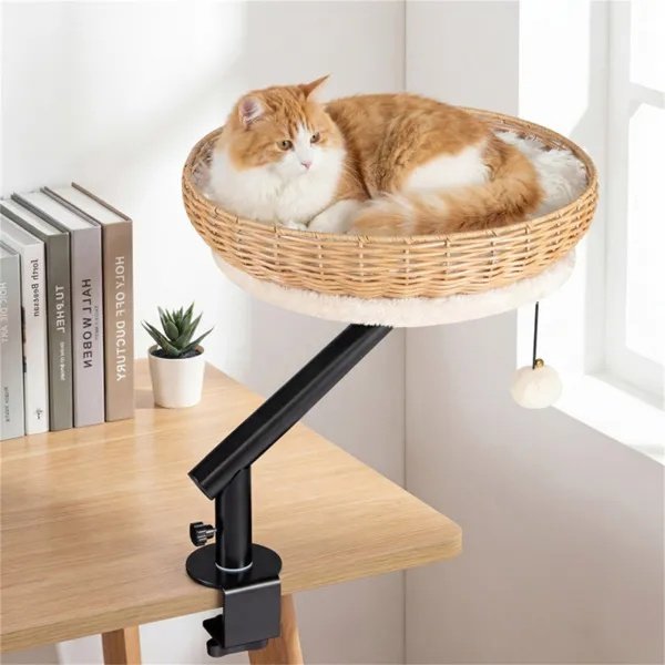 360° Rotatable Desktop Cat Bed Perch, 2-in-1 Workspace Cat Retreat With Jingling Ball (Natural + Black + White) - 5