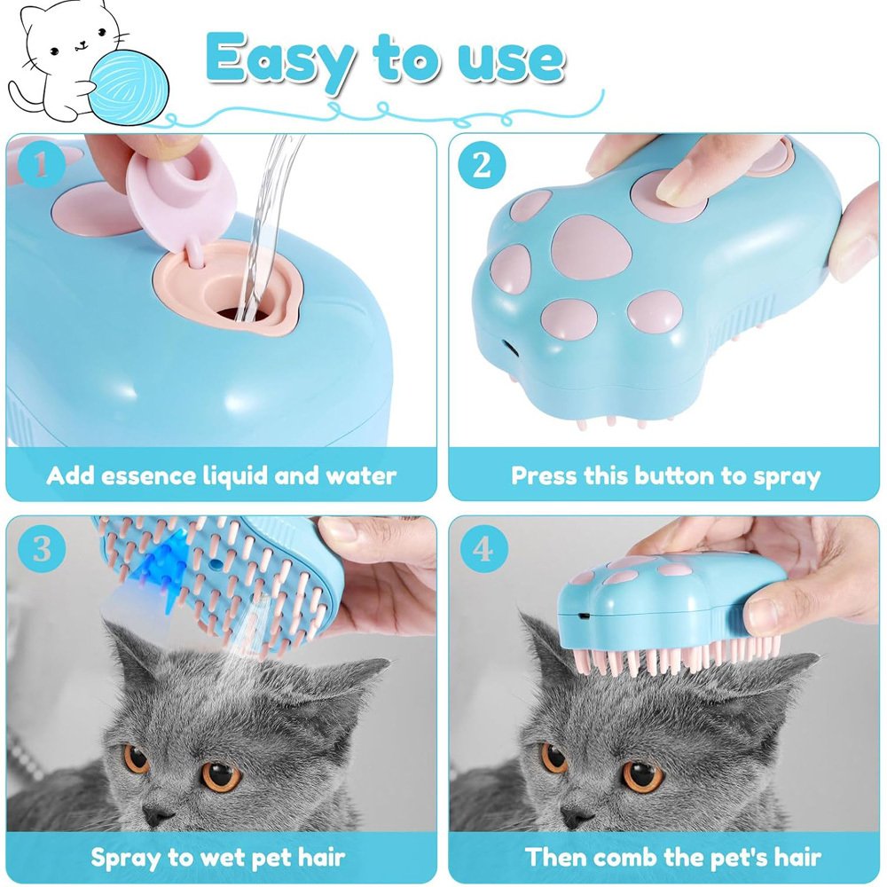 Rechargeable Steam Cat Brush, Cute Paw Shape Pet Steamer Grooming Brush With Soft Silicone Teeth For Dog Cat Massage, Shedding & Hair Removal - 9