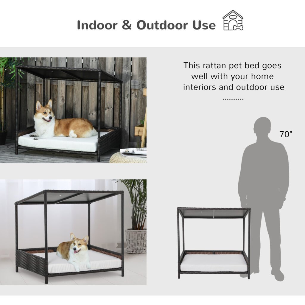 Wicker Dog House Raised Rattan Puppy Bed Cat Shelter for Indoor Outdoor Garden Patio Pet Sofa with Removable Cushion for Medium Sized Pet Brown - 5