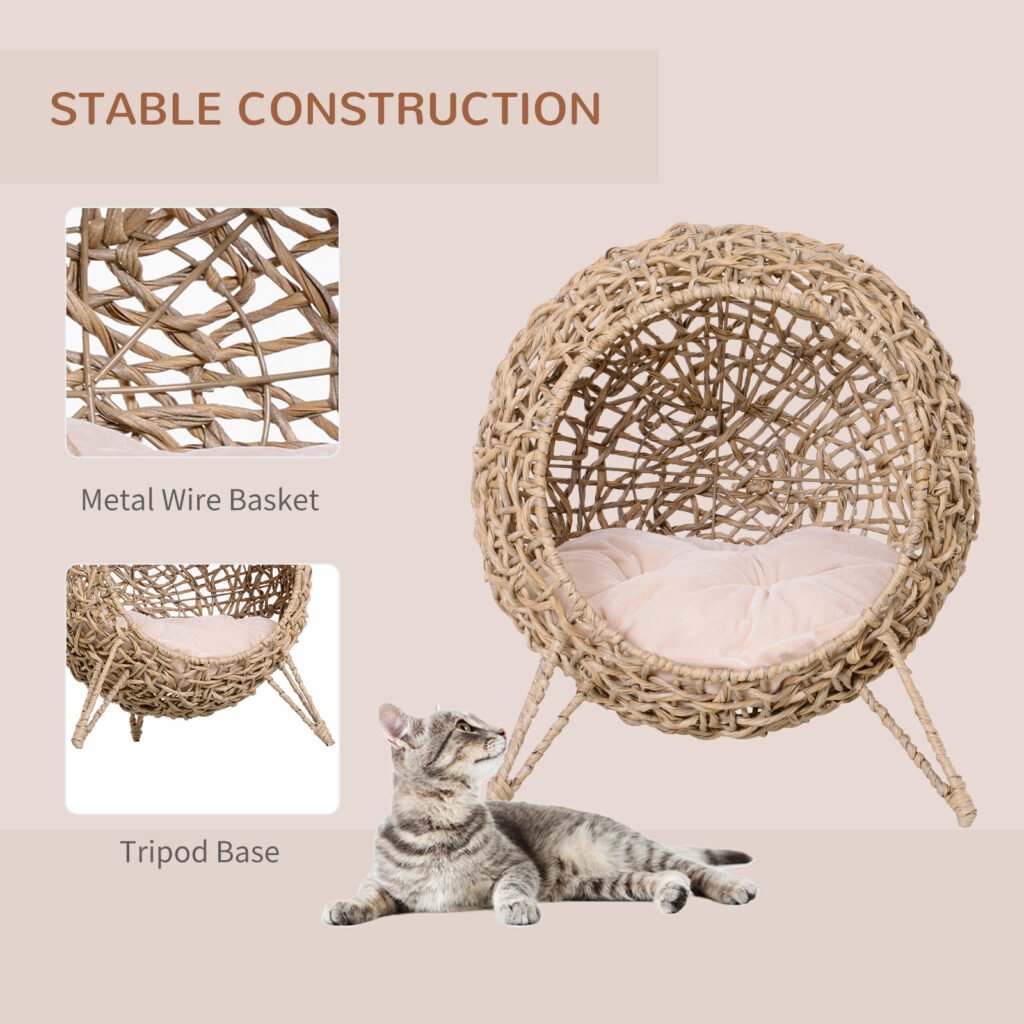 20.5″ Weaved Cat Bed, Elevated Hand-woven Braided Banana Leaf Kitten House Condo with Cushion, Beige - 7