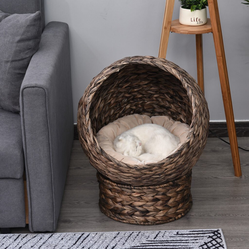 Handwoven Elevated Cat Bed with Rotating Basket and Soft Cushion, Wicker Cat Egg Chair with Stand, Brown - 3