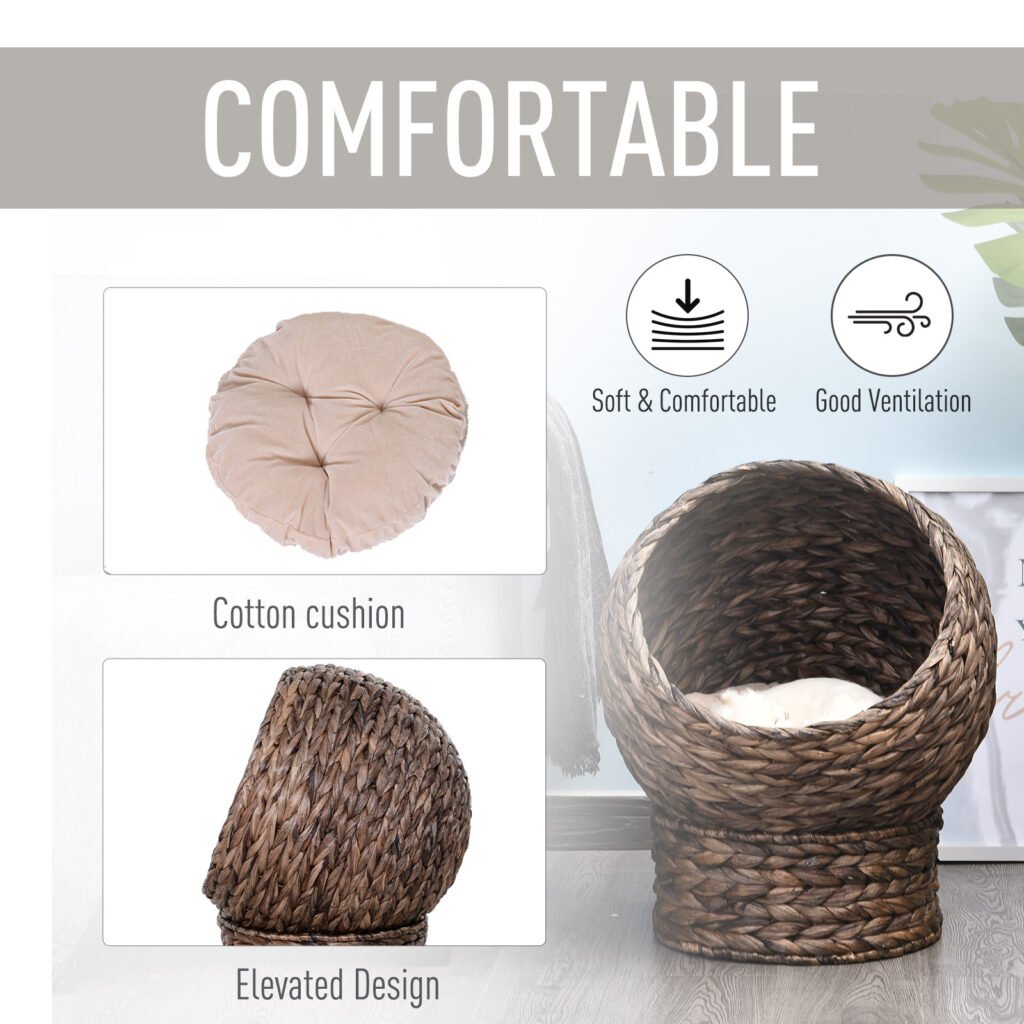 Handwoven Elevated Cat Bed with Rotating Basket and Soft Cushion, Wicker Cat Egg Chair with Stand, Brown - 5