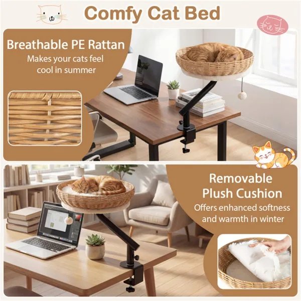 360° Rotatable Desktop Cat Bed Perch, 2-in-1 Workspace Cat Retreat With Jingling Ball (Natural + Black + White) - 2