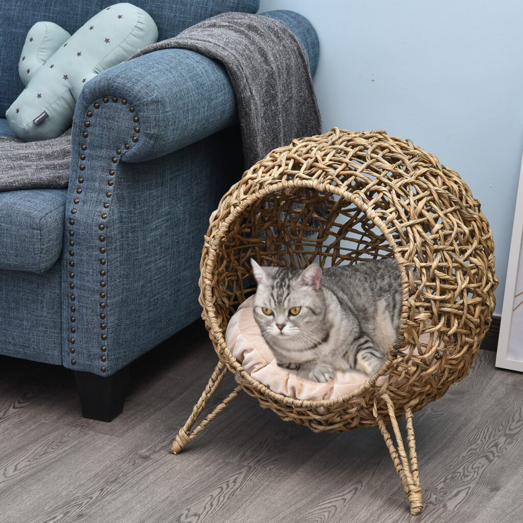 20.5″ Weaved Cat Bed, Elevated Hand-woven Braided Banana Leaf Kitten House Condo with Cushion, Beige - 8
