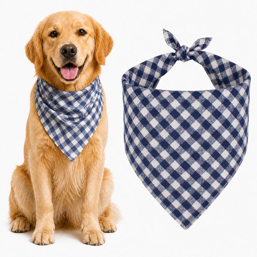 Blue & White Plaid Dog Bandana 1 Pack, Soft Cotton Blend Square Pet Scarf For Medium Dogs, Lightweight Breathable Kerchief, Fits Neck Up To 18 Inches - 10