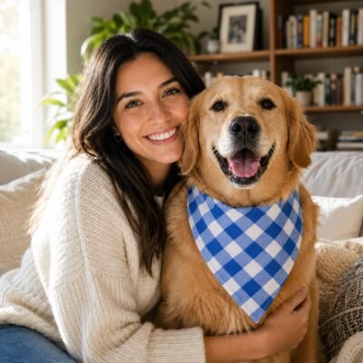 Blue & White Plaid Dog Bandana 1 Pack, Soft Cotton Blend Square Pet Scarf For Medium Dogs, Lightweight Breathable Kerchief, Fits Neck Up To 18 Inches