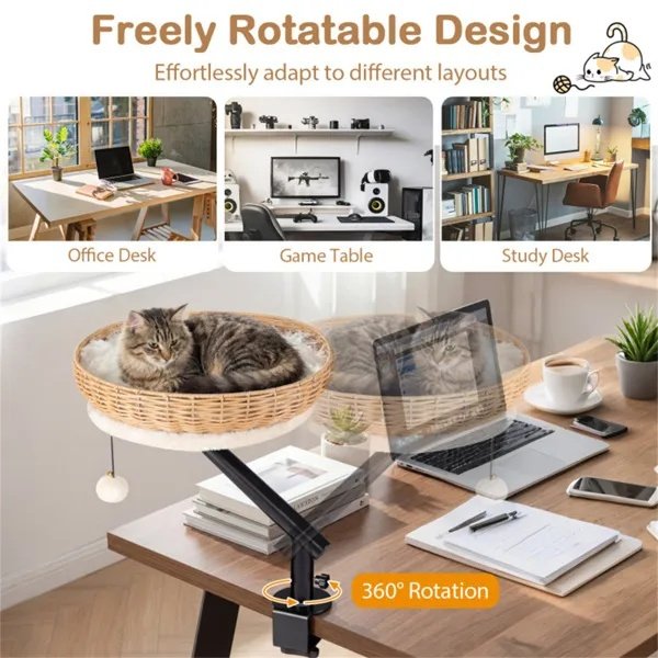 360° Rotatable Desktop Cat Bed Perch, 2-in-1 Workspace Cat Retreat With Jingling Ball (Natural + Black + White) - 4