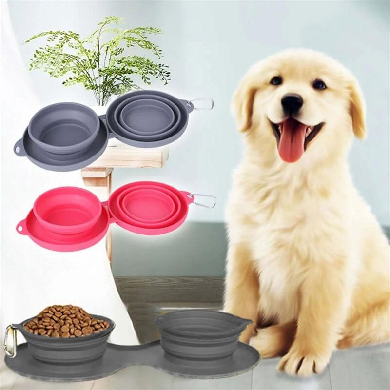Rubber Foldable Double Bowl Pet Feeding Bowl Pets Supplies Dog Cat Bowls - 2