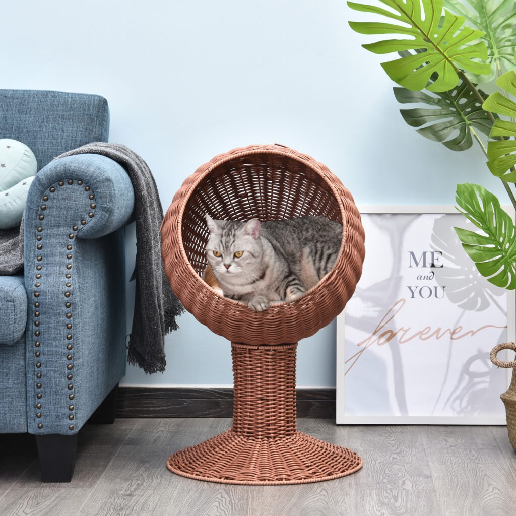 Elevated Cat Bed with Rotatable Egg Chair Pod, Cat Basket Bed with Thick Cushion, Natural Mat Grass Woven Kitty House, Brown - 4