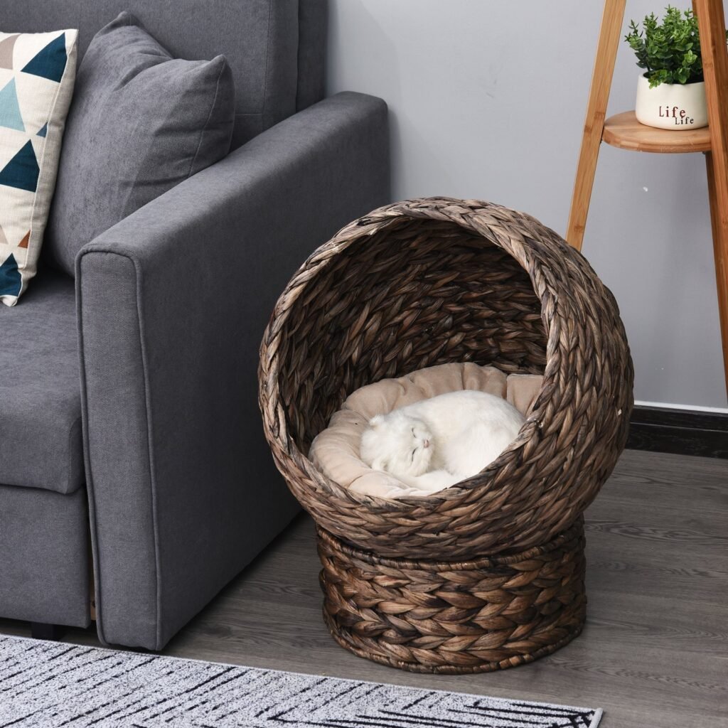 Handwoven Elevated Cat Bed with Rotating Basket and Soft Cushion, Wicker Cat Egg Chair with Stand, Brown - 2