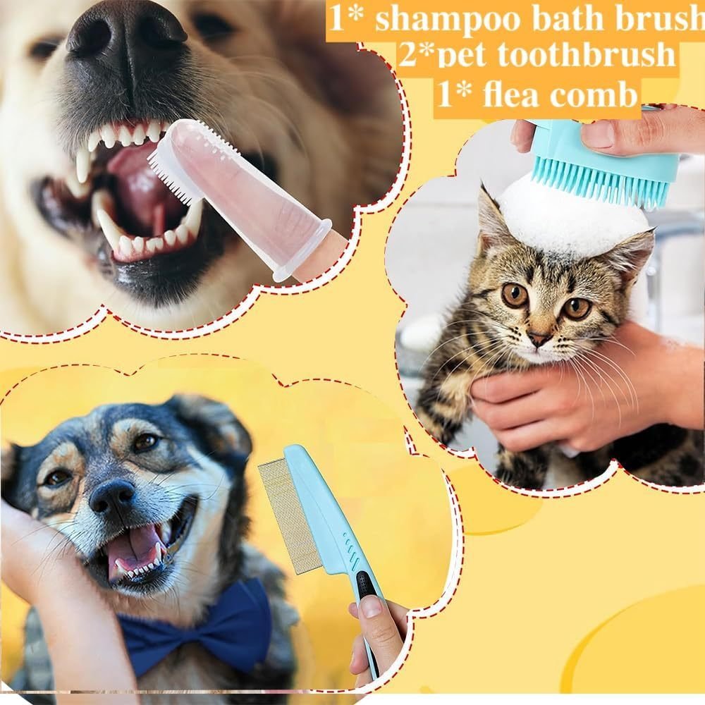 7pcs Pet Grooming Kit, Self-Cleaning Brush Shedding Kit With Nail Clipper, Flea Comb, Shampoo Bath Brush, Finger Toothbrush - 2
