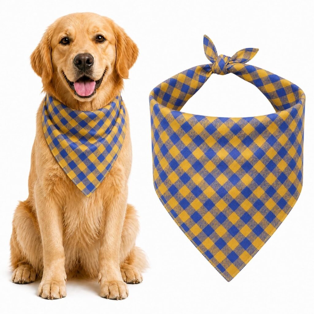 Blue & White Plaid Dog Bandana 1 Pack, Soft Cotton Blend Square Pet Scarf For Medium Dogs, Lightweight Breathable Kerchief, Fits Neck Up To 18 Inches - 6
