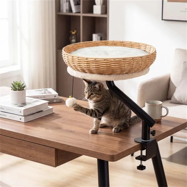 360° Rotatable Desktop Cat Bed Perch, 2-in-1 Workspace Cat Retreat With Jingling Ball (Natural + Black + White) - 3