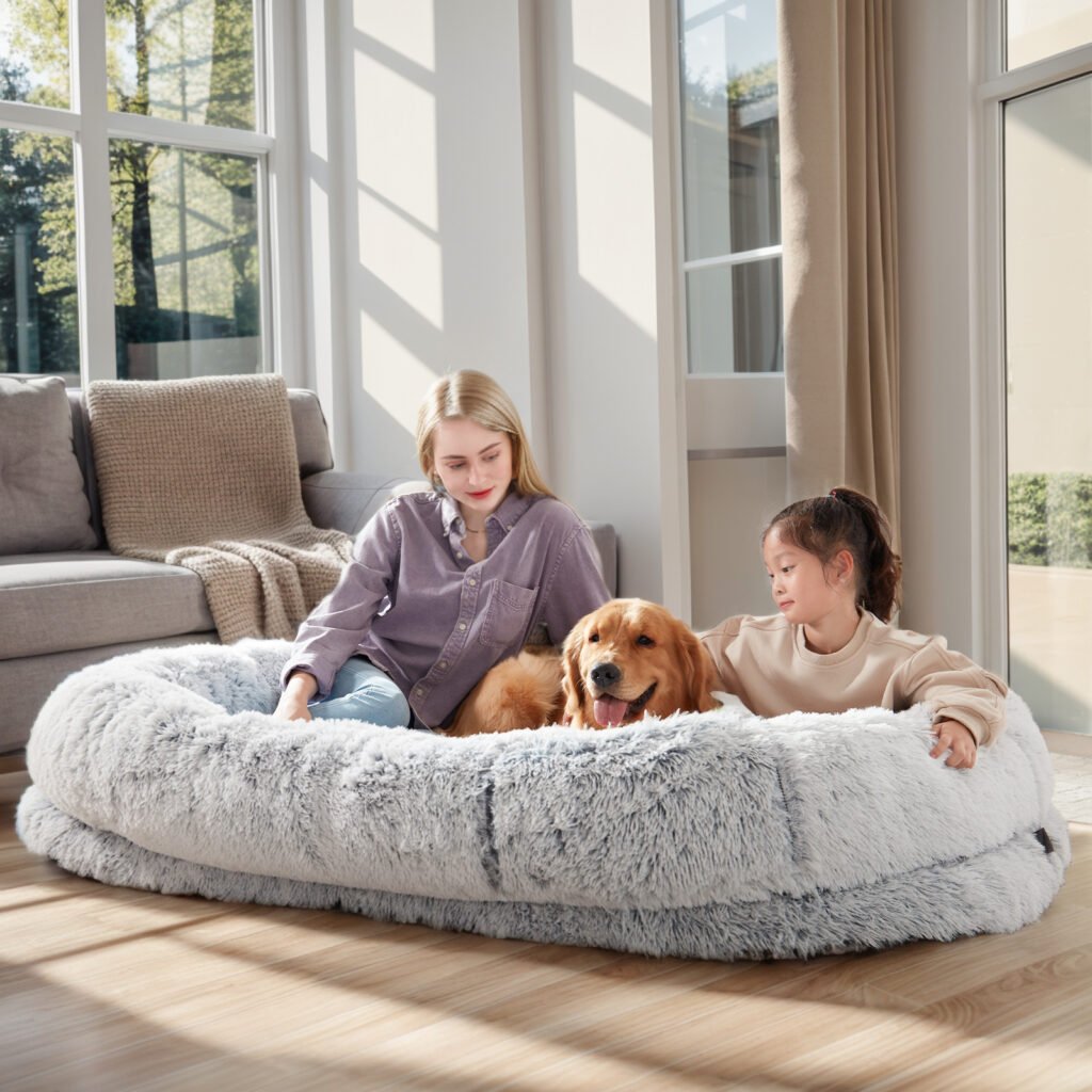 Human Dog Bed – 63 In X 31.4 In X 9.5 In Washable Faux Fur Lounger For Adults & Pets, Cushion With Orthopedic Support, Includes Pillow & Blanket