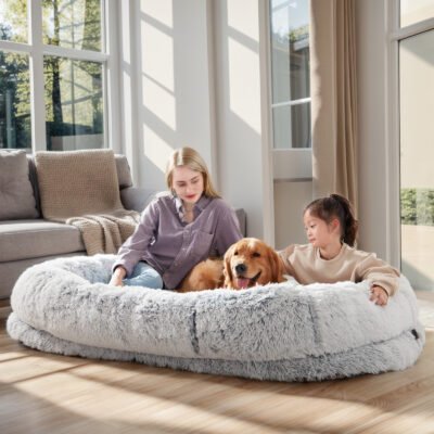 Human Dog Bed – 63 In X 31.4 In X 9.5 In Washable Faux Fur Lounger For Adults & Pets, Cushion With Orthopedic Support, Includes Pillow & Blanket
