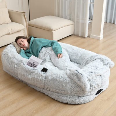 Oversized Human Dog Bed For Adults & Pets, 71 In X45 In X 12 In Ultra Soft Faux Fur Lounger, Washable Floor Bed With Orthopedic Support, Pillow & Blanket Included For Cozy Rest