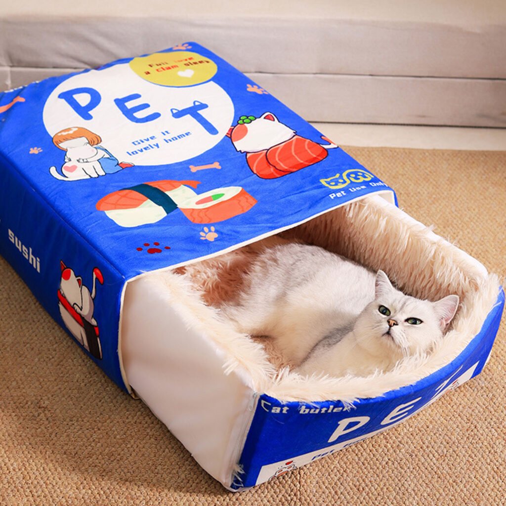 Snack Box Cat Bed Cartoon Rectangular Fully Enclosed Four Season Universal Multifunctional Soft Pet Bed For Home Travel Blue - 5