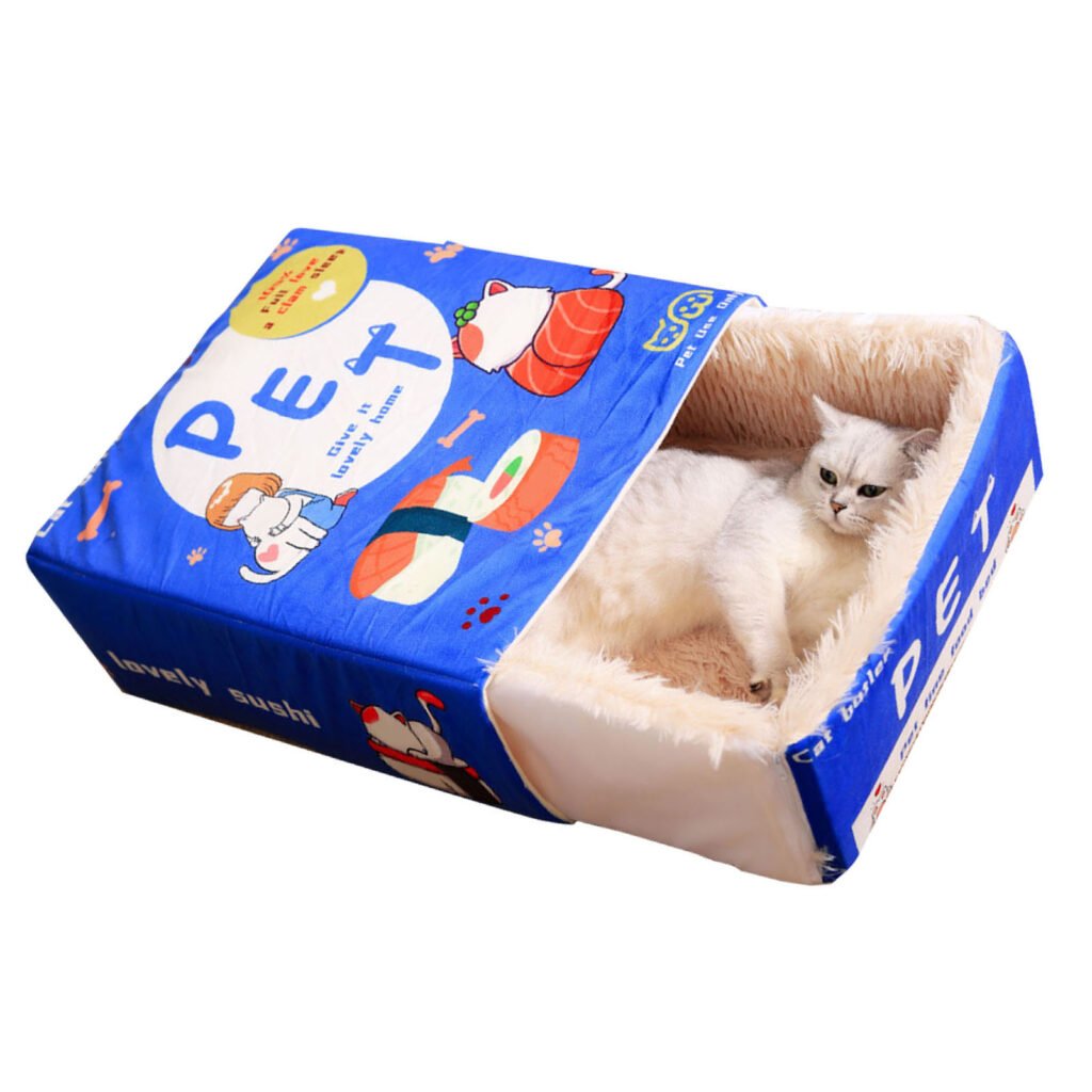 Snack Box Cat Bed Cartoon Rectangular Fully Enclosed Four Season Universal Multifunctional Soft Pet Bed For Home Travel Blue - 2