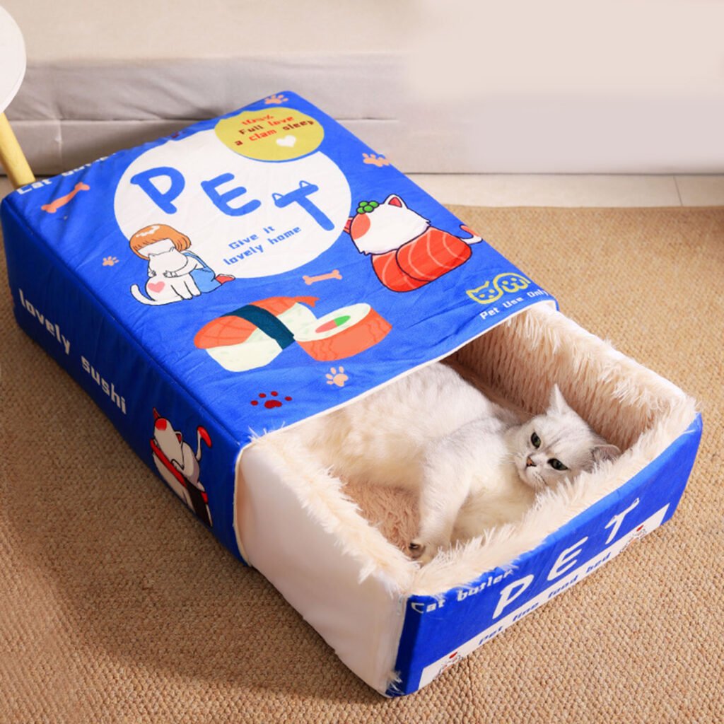 Snack Box Cat Bed Cartoon Rectangular Fully Enclosed Four Season Universal Multifunctional Soft Pet Bed For Home Travel Blue - 4