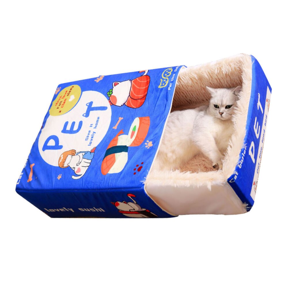 Snack Box Cat Bed Cartoon Rectangular Fully Enclosed Four Season Universal Multifunctional Soft Pet Bed For Home Travel Blue - 3
