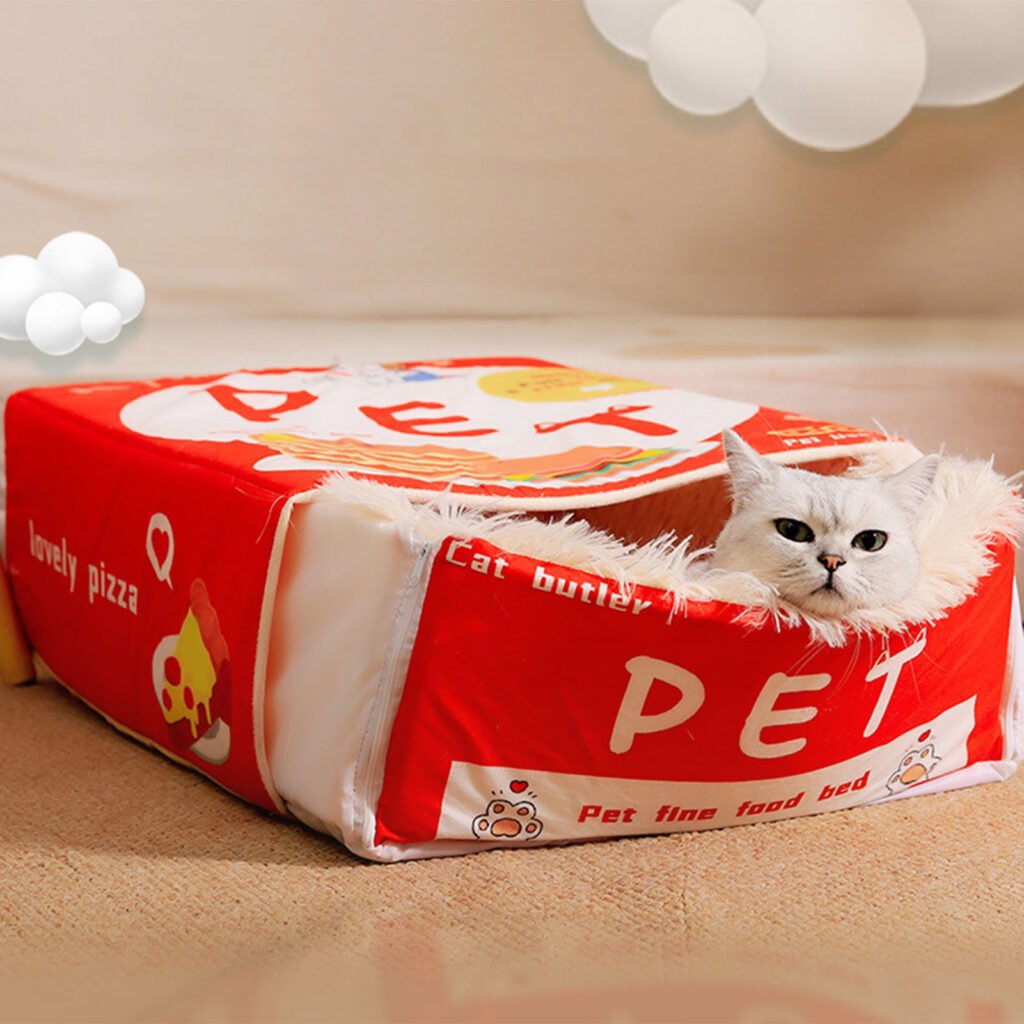 Snack Box Cat Bed Cartoon Rectangular Fully Enclosed Four Season Universal Multifunctional Soft Pet Bed For Home Travel Red - 4