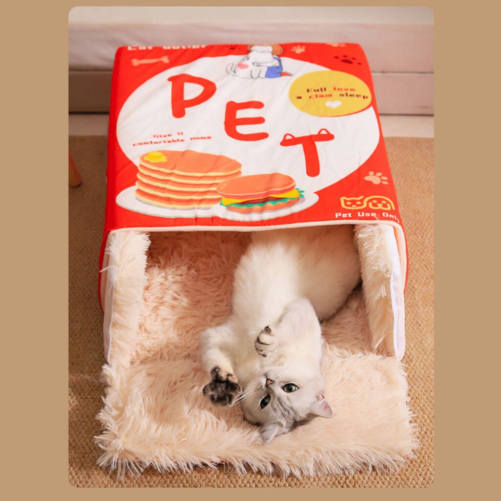 Snack Box Cat Bed Cartoon Rectangular Fully Enclosed Four Season Universal Multifunctional Soft Pet Bed For Home Travel Red - 5