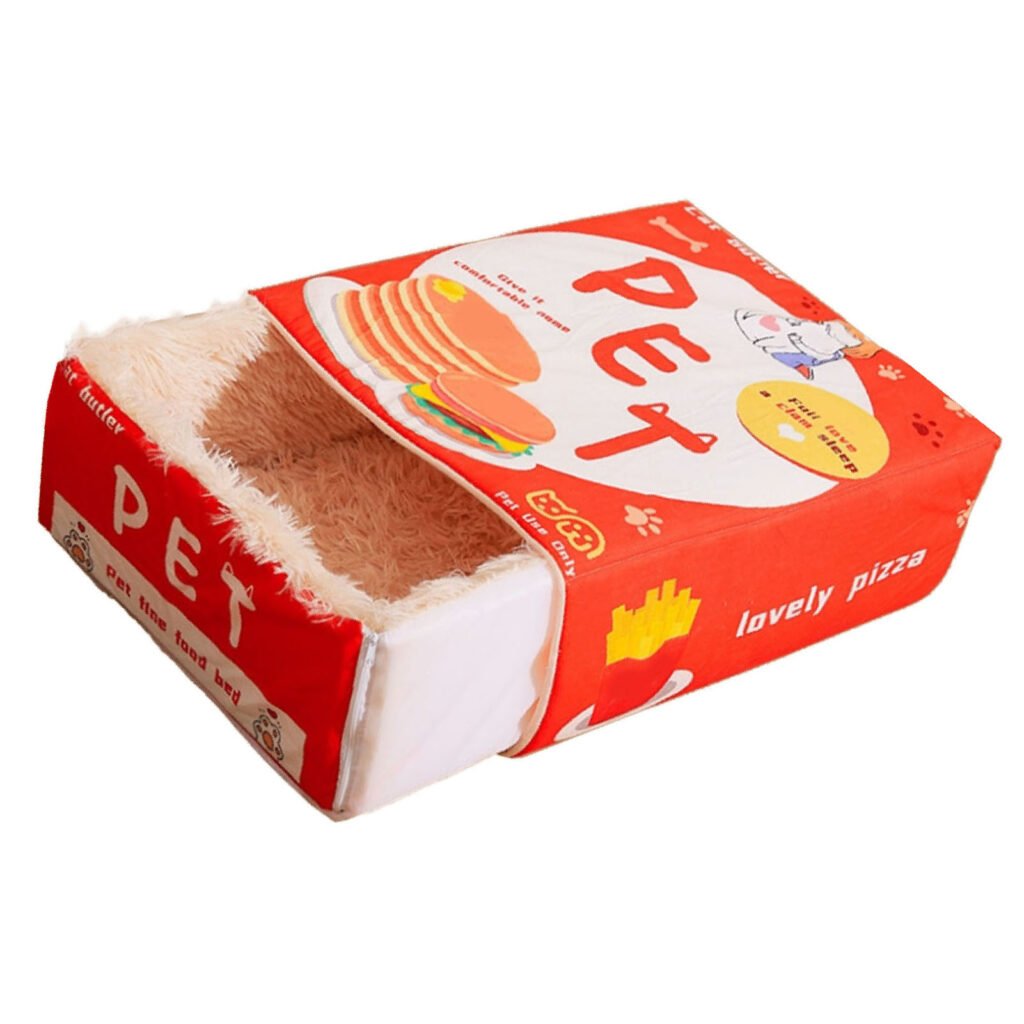 Snack Box Cat Bed Cartoon Rectangular Fully Enclosed Four Season Universal Multifunctional Soft Pet Bed For Home Travel Red - 2