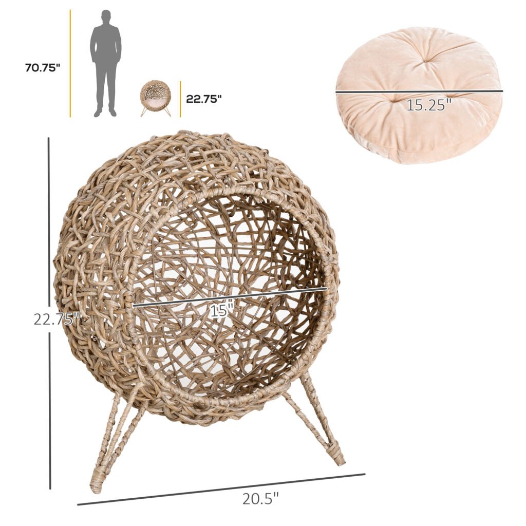 20.5″ Weaved Cat Bed, Elevated Hand-woven Braided Banana Leaf Kitten House Condo with Cushion, Beige - 4