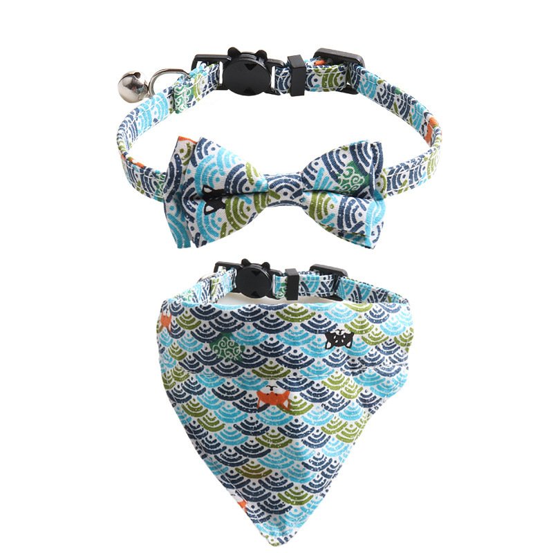 Japanese Style Tang Grass Pattern Cat Collar Two-piece Bow Triangular Binder - 4