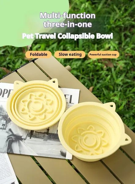 3-in-1 Pet Travel Collapsible Bowl Foldable Slow-Feeder With Strong Suction Cups  Portable Silicone Dog Bowl With Hook For Hanging On Collar-Backpack
