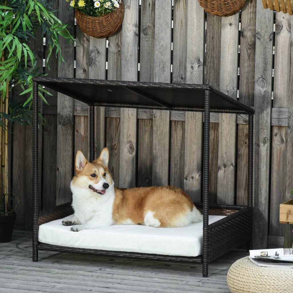 Wicker Dog House Raised Rattan Puppy Bed Cat Shelter for Indoor Outdoor Garden Patio Pet Sofa with Removable Cushion for Medium Sized Pet Brown - 4