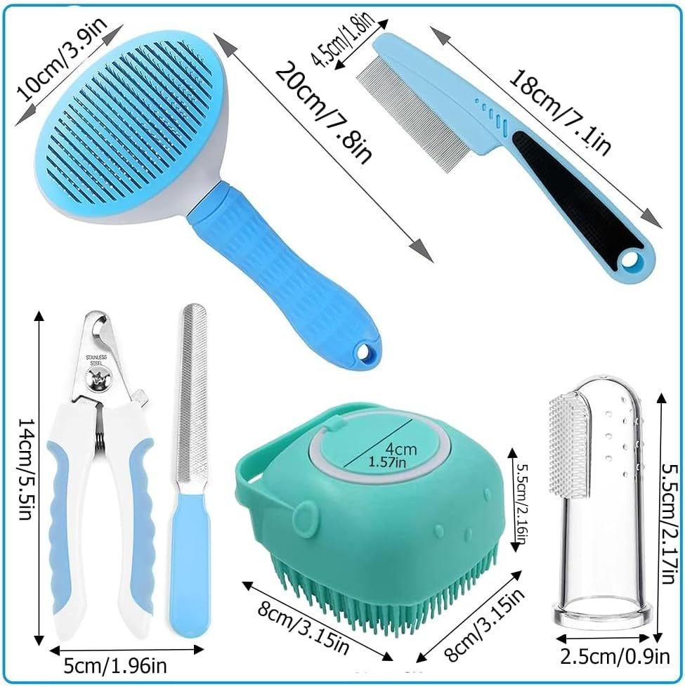 7pcs Pet Grooming Kit, Self-Cleaning Brush Shedding Kit With Nail Clipper, Flea Comb, Shampoo Bath Brush, Finger Toothbrush - 5