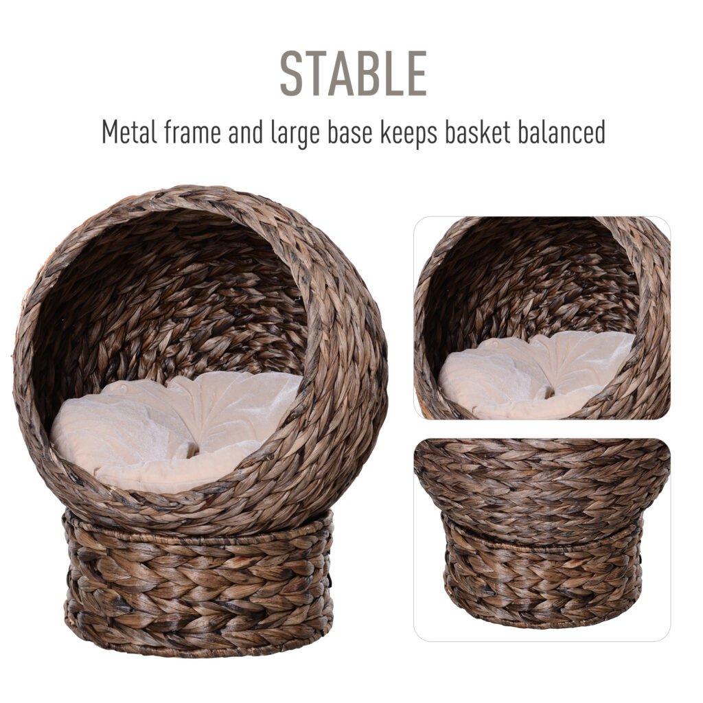 Handwoven Elevated Cat Bed with Rotating Basket and Soft Cushion, Wicker Cat Egg Chair with Stand, Brown - 4