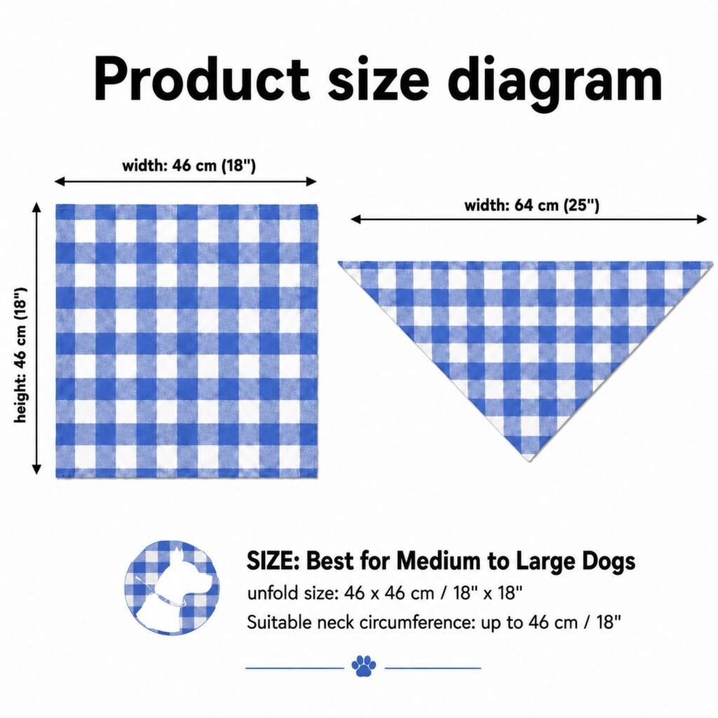 Blue & White Plaid Dog Bandana 1 Pack, Soft Cotton Blend Square Pet Scarf For Medium Dogs, Lightweight Breathable Kerchief, Fits Neck Up To 18 Inches - 9